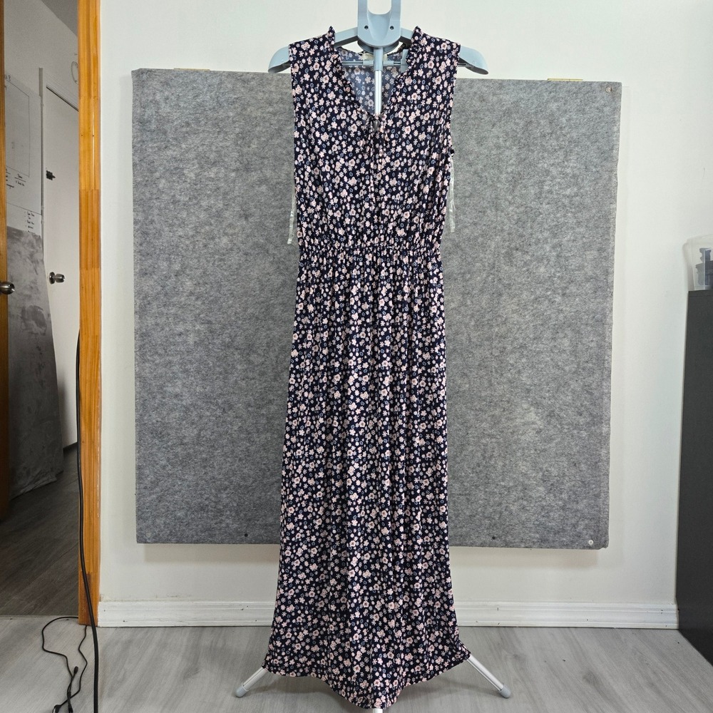 Seven Islands Womens Navy Pink Floral Ruffle Smocked Maxi Dress Medium